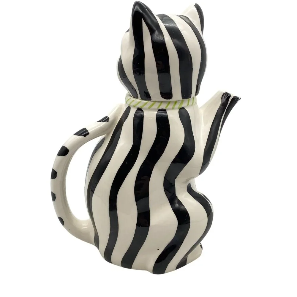 VTG Gloria Vanderbilt Black white stripe Cat coffee tea pot Tastesetter IGMA
